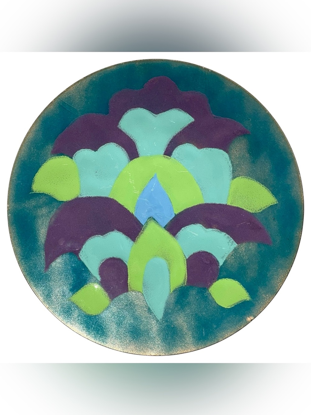 Vintage 1980s Colorful Enamel on Copper Decorative Plate Purple Blue Mint Green